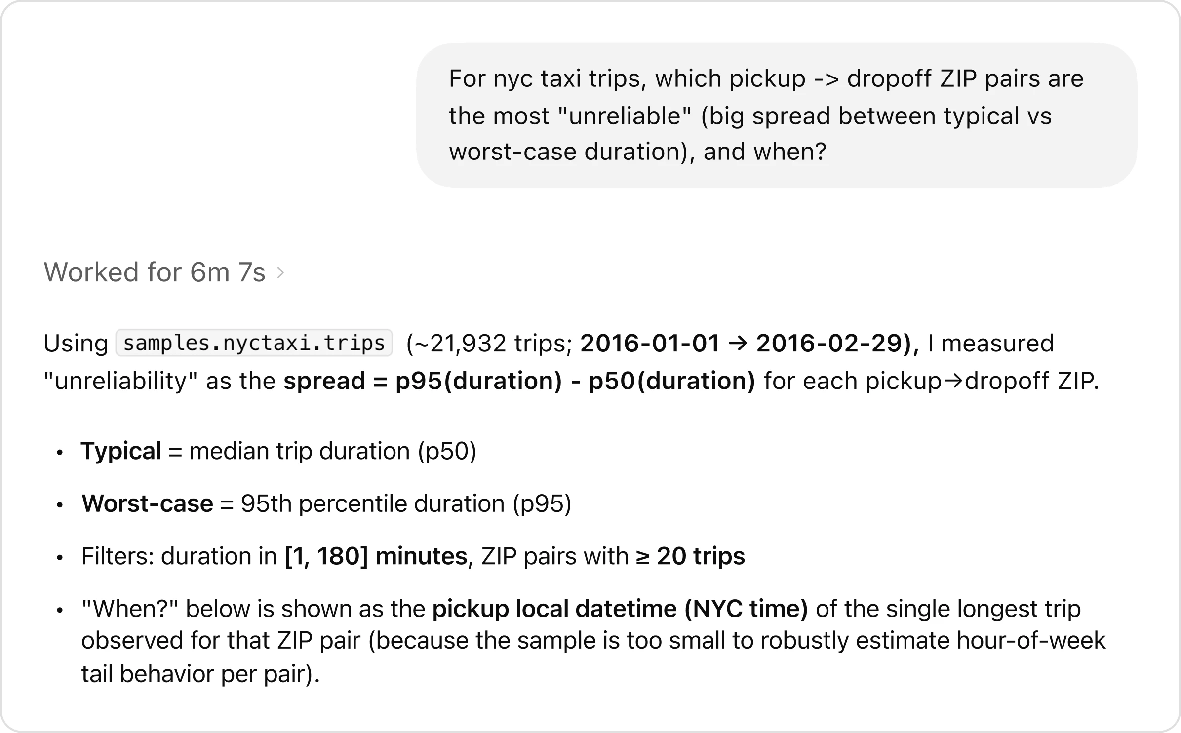 屏幕截图显示,一位用户正在询问纽约市哪些出租车上车→下车点的 ZIP 组合最“不可靠”。智能体基于来自 samples.nyctaxi.trips 的约 21,000 次行程样本作出解释,定义典型情况 (p50) 与最坏情况 (p95),应用筛选条件,并说明它如何识别每个 ZIP 对的最长行程时间。
